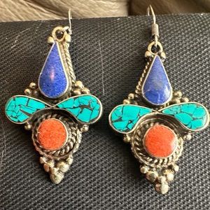 Coral, Turquoise and Lapis Lazuli Earrings